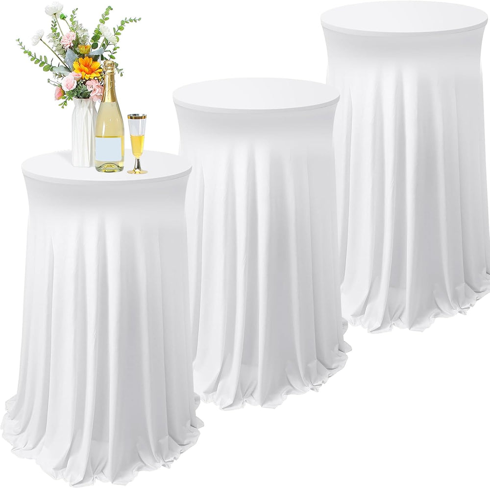 Tegeme 3 Packs Spandex Cocktail Table Cover Fitted with Skirt, White