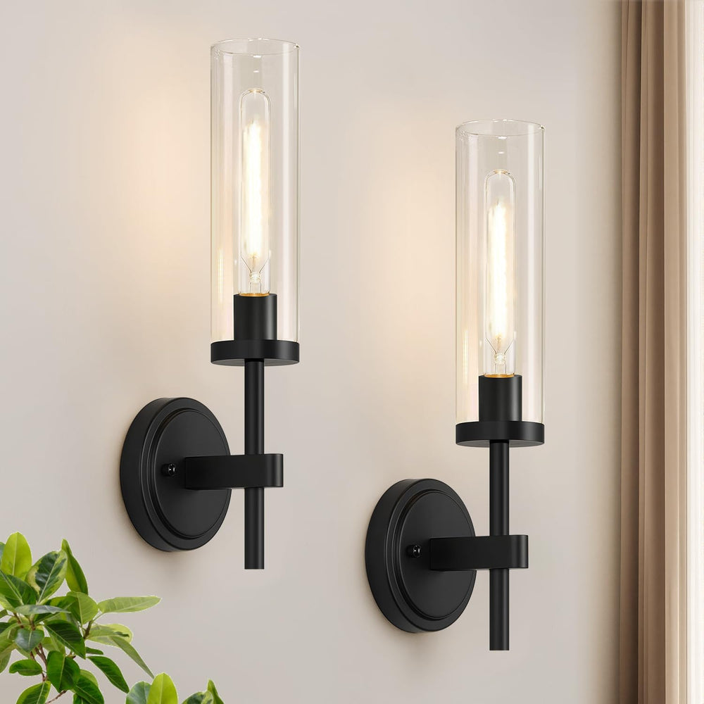 Hardwired Wall Sconces Set of Two, Matte Black Bathroom Sconces with Clear Gl...