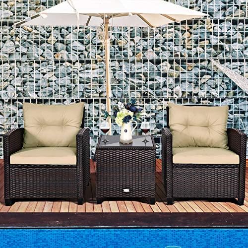 Tangkula 3 Pieces Patio Furniture Set, PE Rattan Wicker 3 Pcs Outdoor Sofa Se...