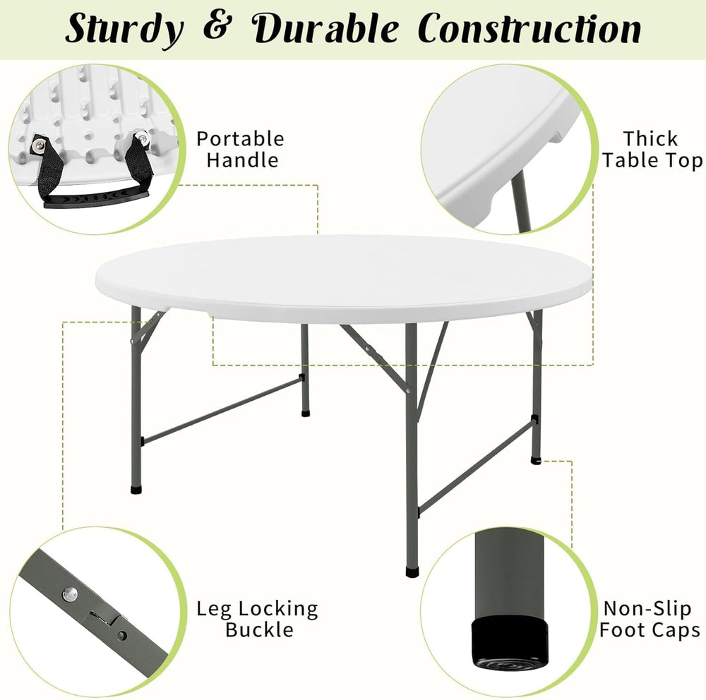 Fivenl Round Folding Tables White Foldable Table, Fold-in-Half with Carrying ...