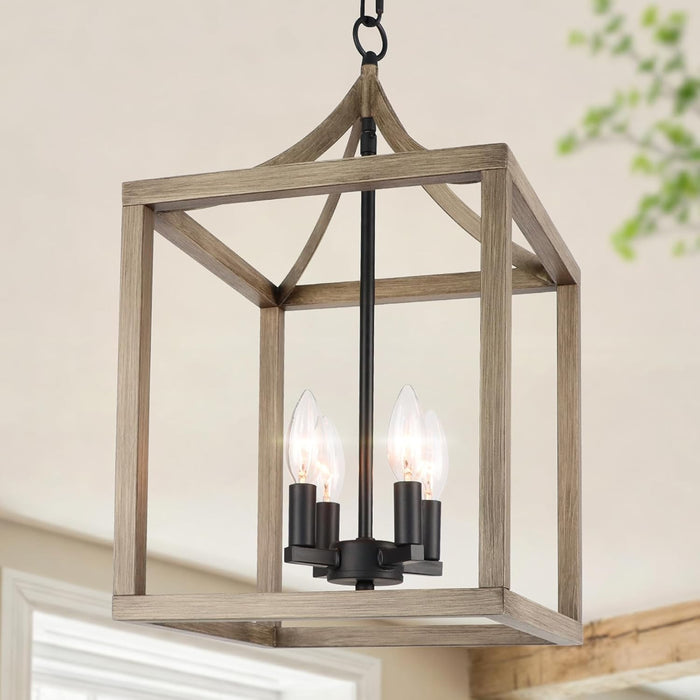 4-Light Farmhouse Chandelier - Industrial Lantern Ceiling Fixture with Painted Wood Metal Cage, Geometric Pendant Chandeliers Light for Entryway, Foyer, Kitchen, E12 Base
