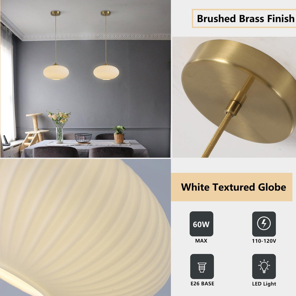 KCO Lighting Modern Gold Brass 9.8" White Milk Ribbed Glass Pendant Light