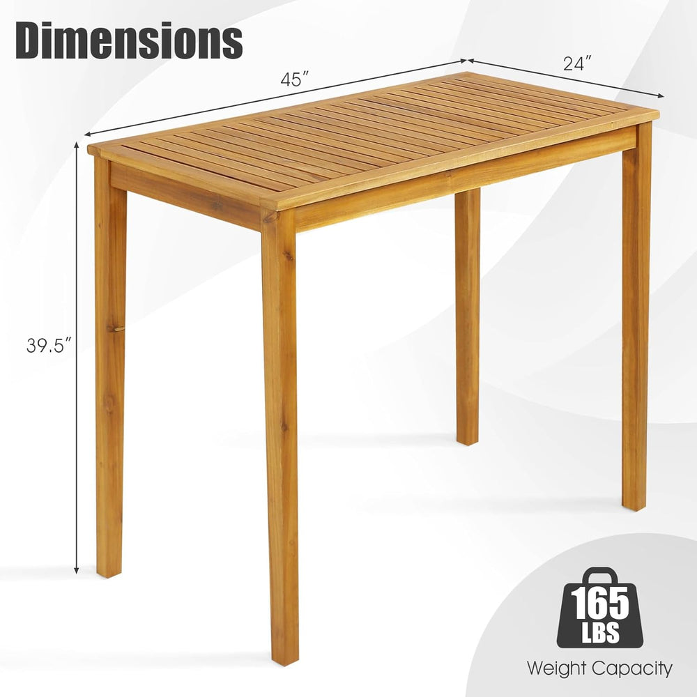 Tangkula Outdoor Acacia Wood Bar Table, 45” Rectangular Bar Height Farmhouse ...