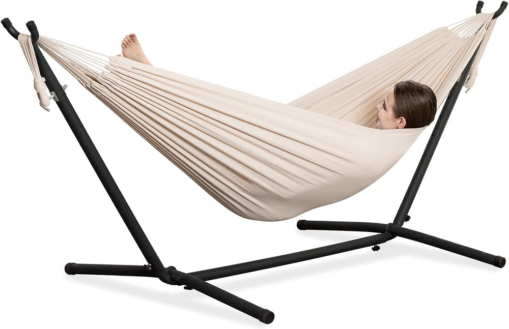 PNAEUT Double Hammock with Stand for Outside, Heavy-Duty, Portable (Beige)