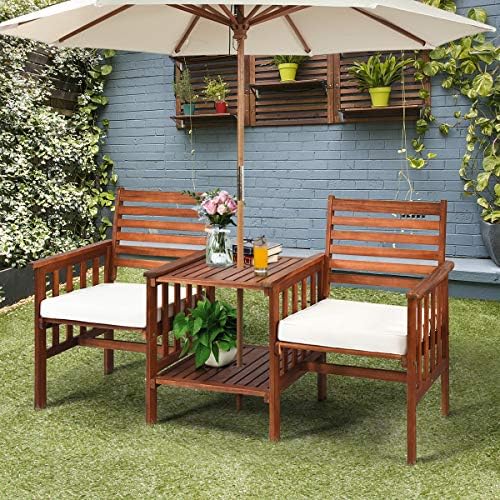 Tangkula Acacia Wood Loveseat, 3pcs Outdoor Table Chairs Set, Patio Conversat...