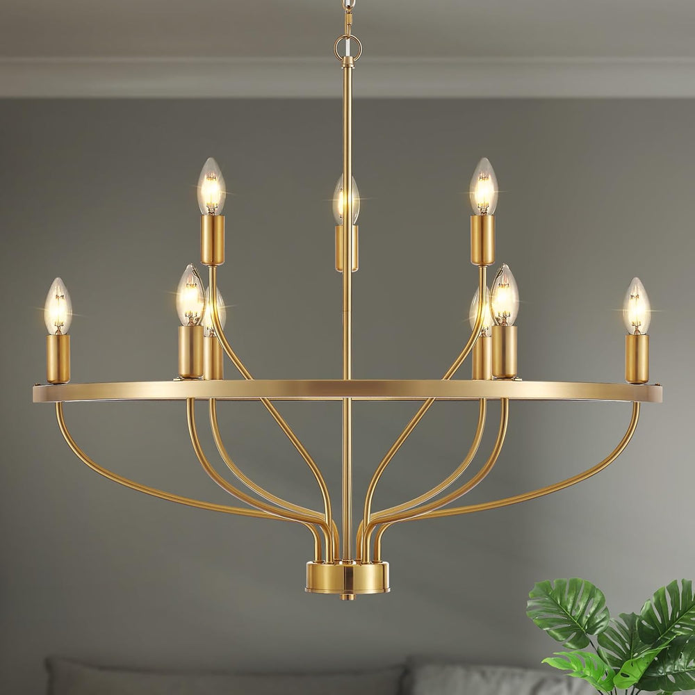 30" Gold Chandelier, 9-Light Modern Farmhouse Candle Light Fixture