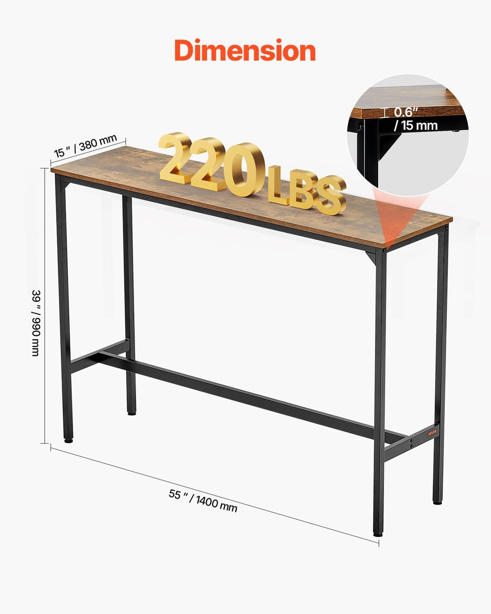 VEVOR Bar Table, Sturdy Metal Frame High Top Pub Table, Narrow Long Kitchen D...
