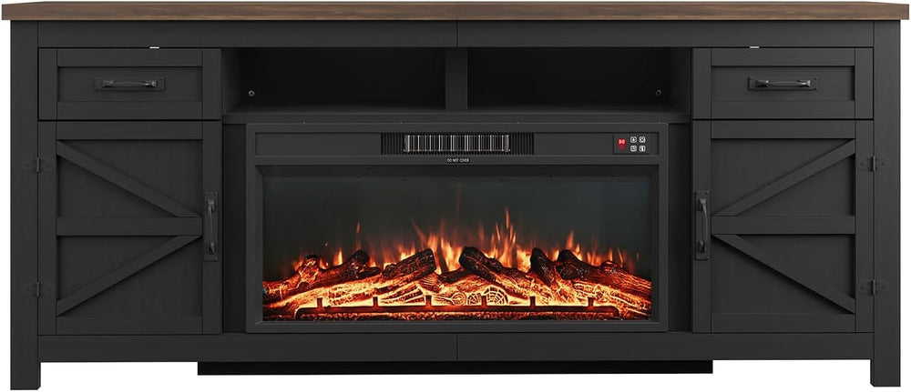 Fireplace TV Stand with Barn Door, 80 inch,Modern Black