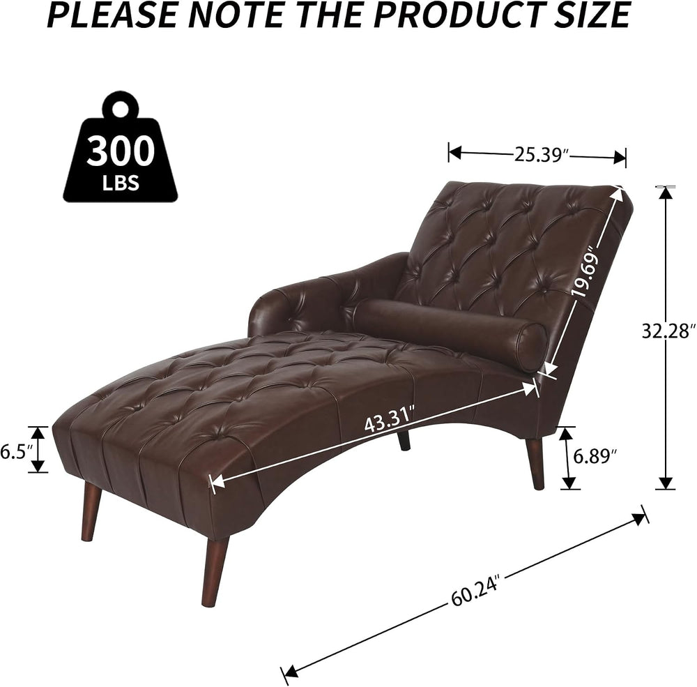 PU Leather Chaise Lounge Chair Indoor, Side Armrest, Dark Brown