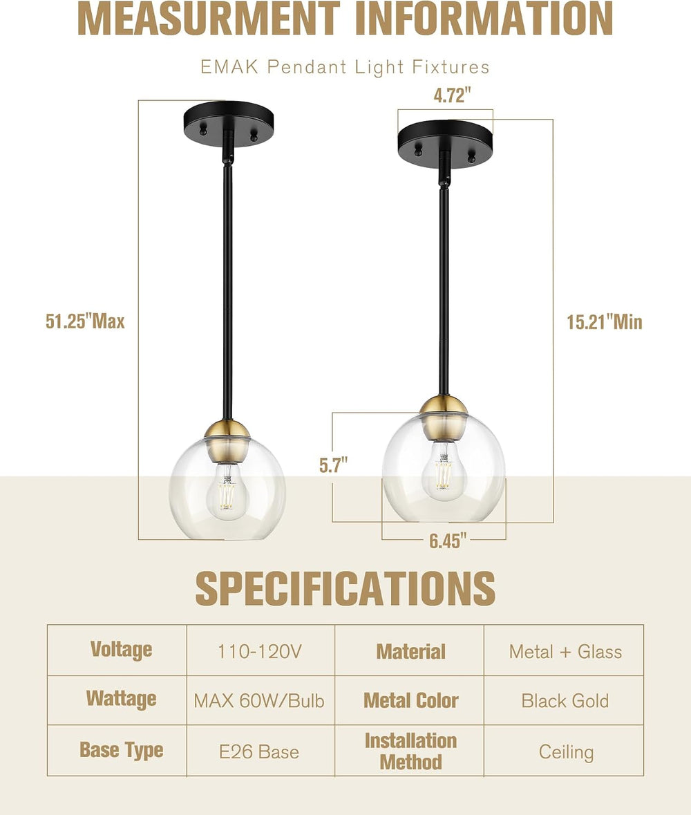 Emak 2 Pack Black and Gold Pendant Light Fixtures, Modern 7 Inch Globe Pendan...