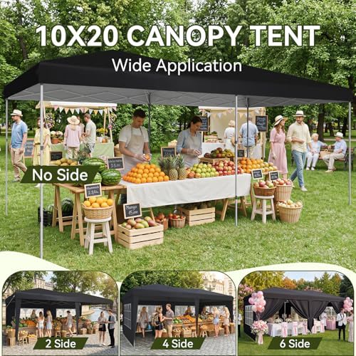Aoxun 10x20 Pop Up Canopy Tent with 6 Sidewalls, Party Tent, Black