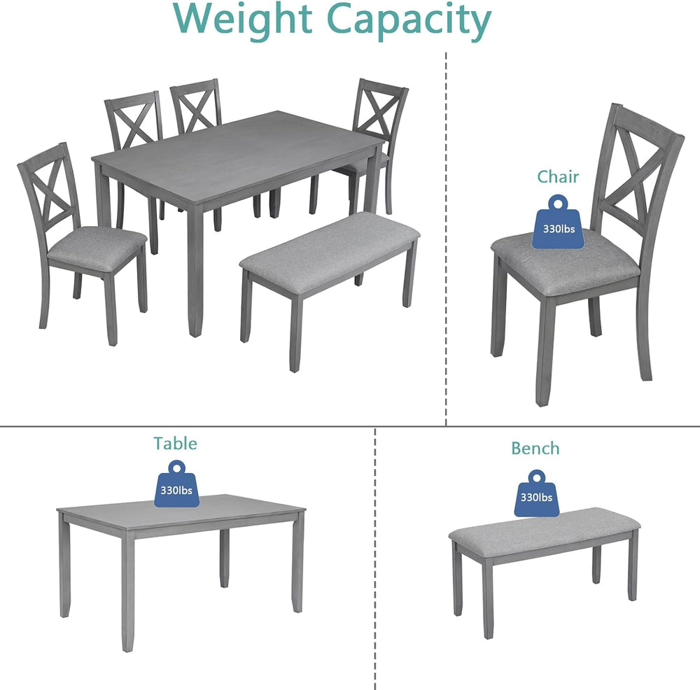 LUMISOL 6-Piece Dining Table Set with Bench, Farmhouse Solid Wood Kitchen Tab...