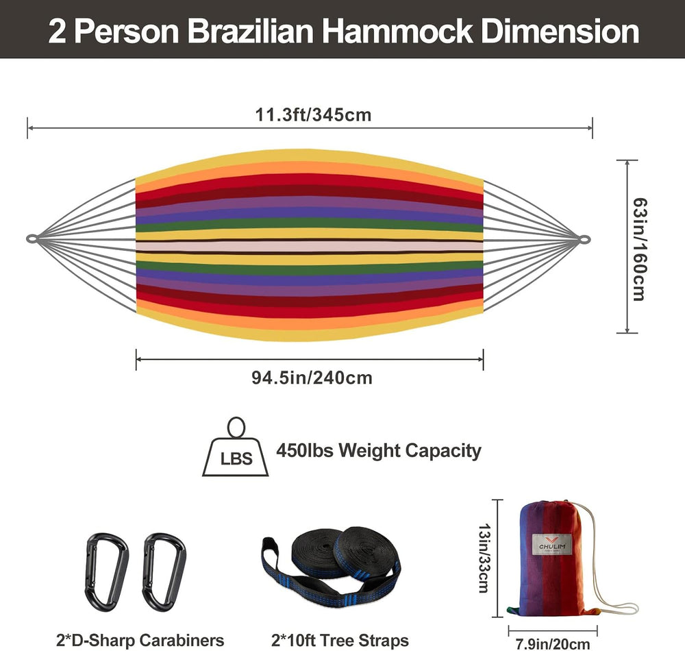 Brazilian Double Hammock with Tree Straps, Extra Large, 450 lbs Capacity