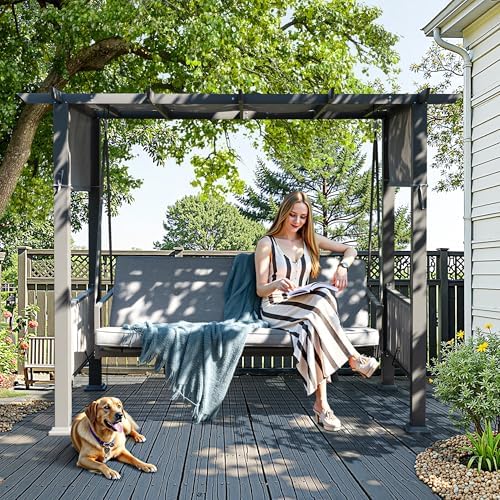 Pamapic 2-in-1 Convertible Porch Swing Bed, 3-Seat Elegant Patio Swing with W...