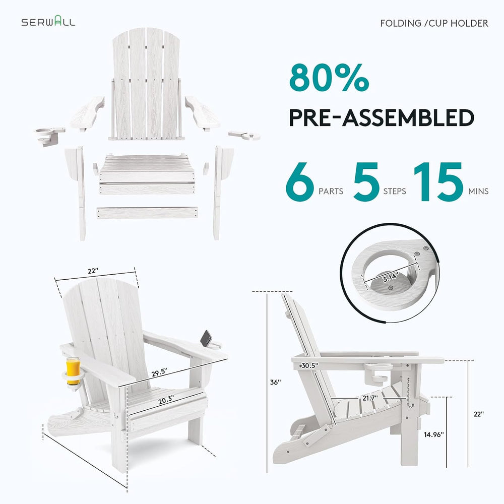 SERWALL Outdoor Adirondack Chairs with 2 Cup Holders,Foldable,White