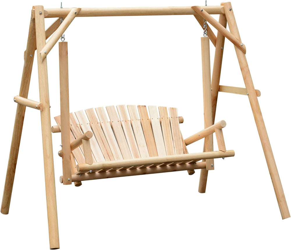 Outsunny 2-Seat Porch Swing w/Stand Wooden Patio Swing Chair Bench Natural