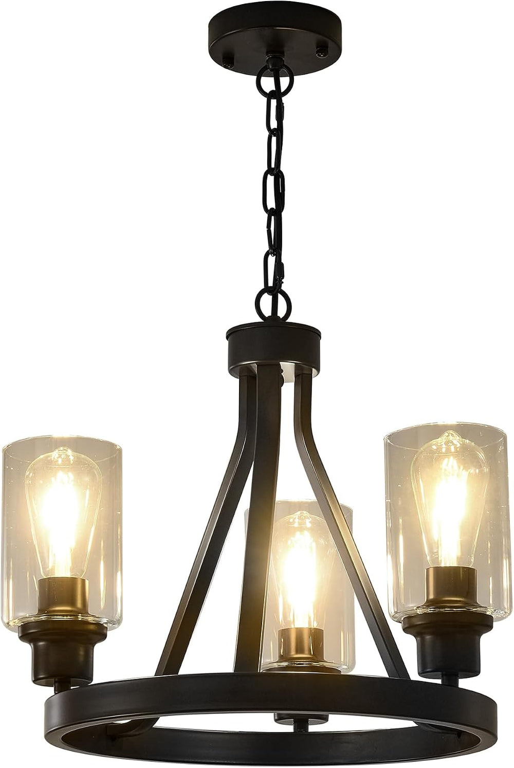 Bronze Chandelier,Farmhouse Chandelier Lighting Round 3 Lights with Glass Sha...