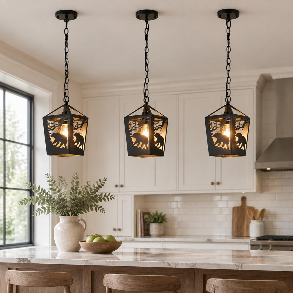 Farmhouse Rustic Bear Pendant Light, 2 Pack Metal Cage