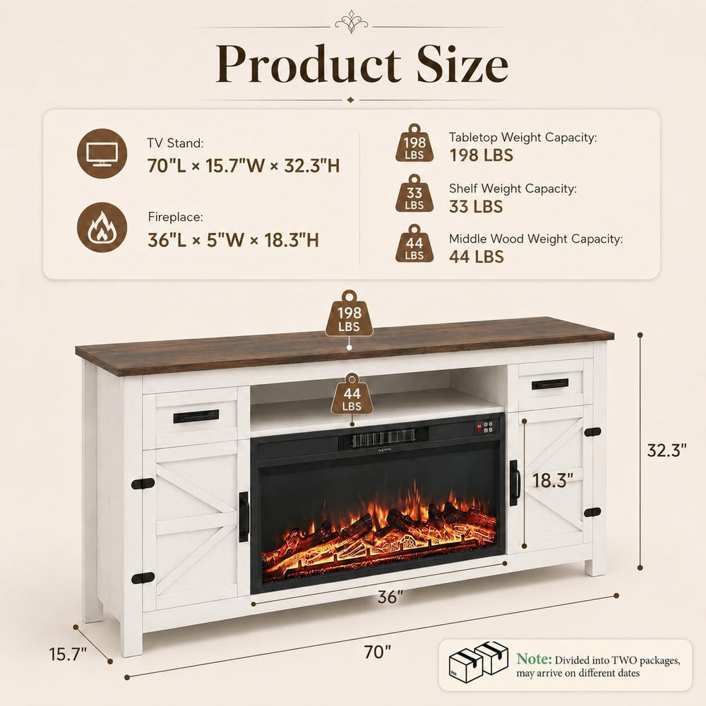 Fireplace TV Stand with Barn Door, 70 inch, White