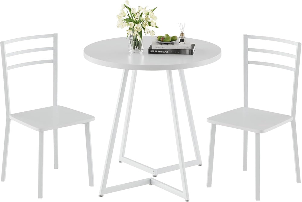 VECELO Small Round Dining Table Set for 2, Wood Tabletop with Strong Metal Fr...