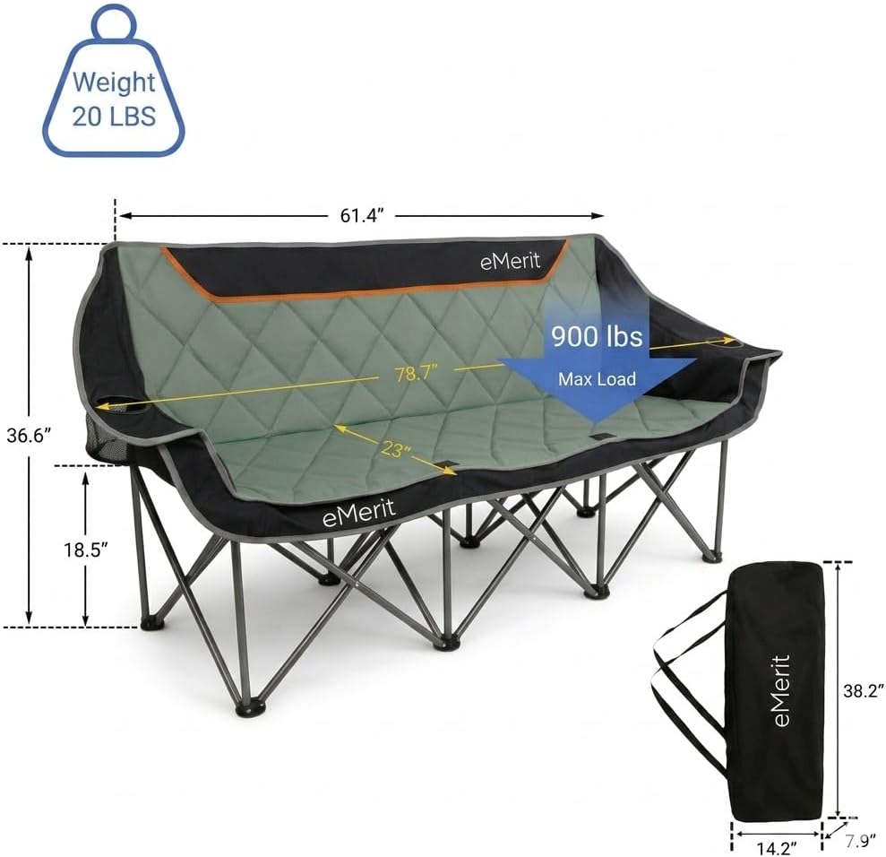 EMERIT 3 Person Camping Chair,900lb Heavy Duty Triple Loveseat Wide Padded Fo...