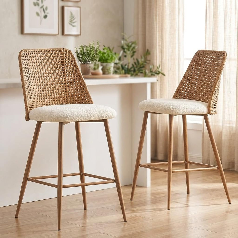 Rattan Counter Height Bar Stools Set of 2, 26" Boucle Fabric Upholstered...