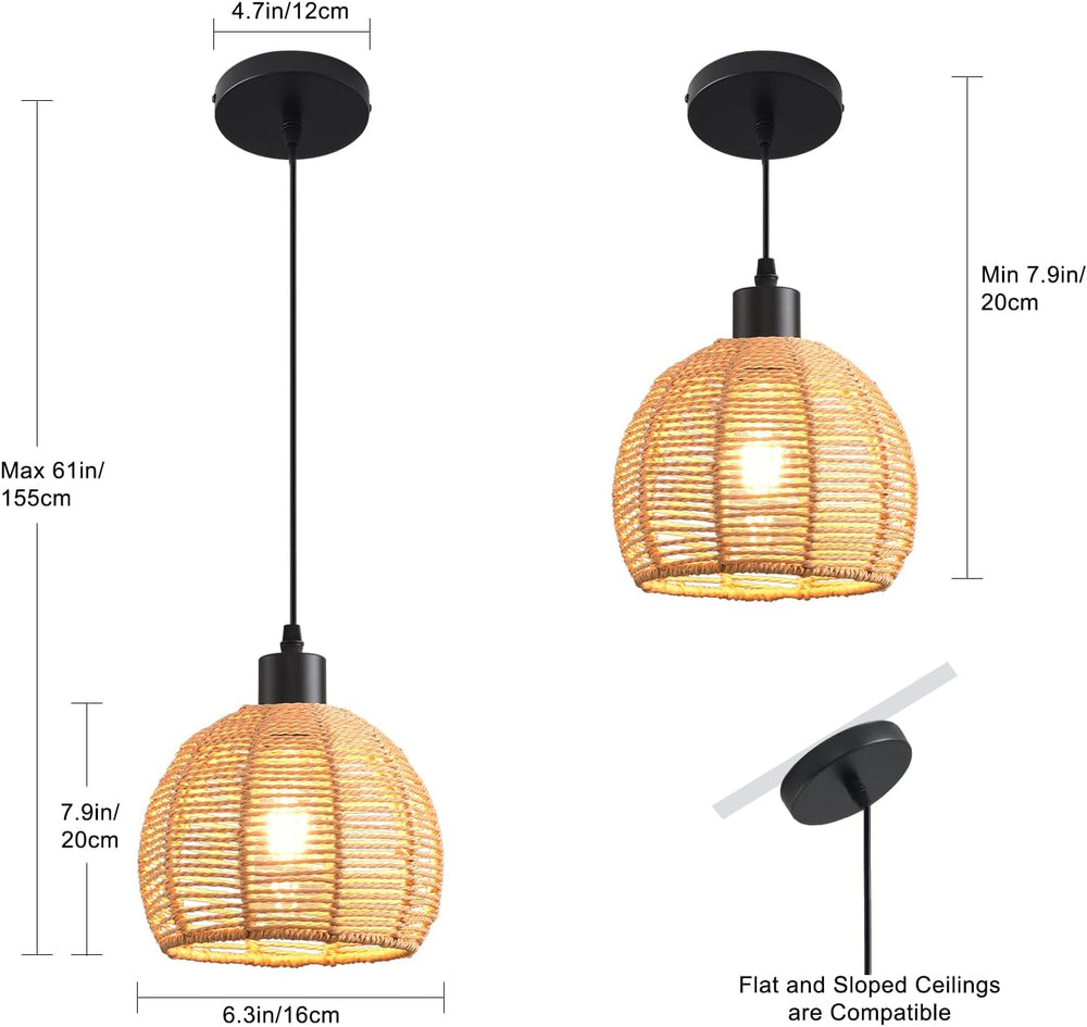Woven Pendant Light Boho Chandelier, Rattan Pendant Lights Kitchen Island, Fa...