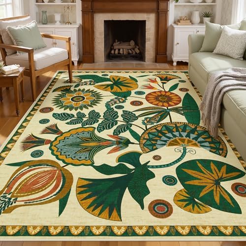 Joydeco Boho Washable Egypt Floral Beige 5x7 Area Rugs for Living Room
