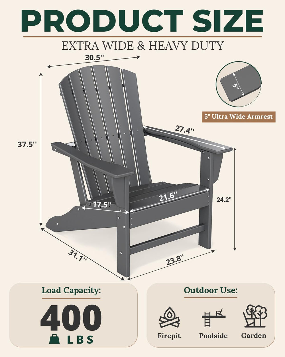 BRIOPAWS Oversized-Adirondack-Chairs Set of 2 | HDPE | All Weather | Grey