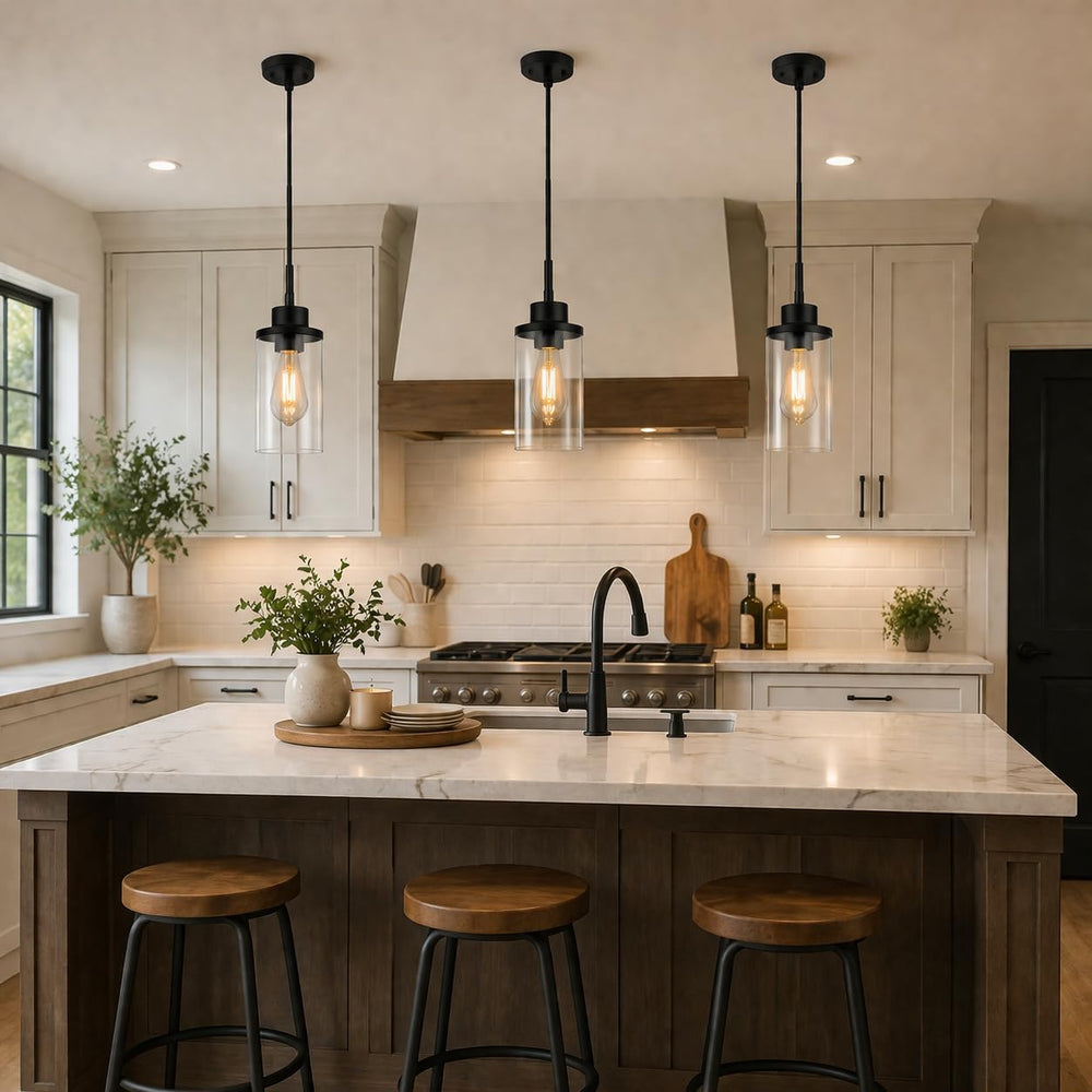 Black Farmhouse Pendant Light, Clear Glass Cylinder Hanging Fixture
