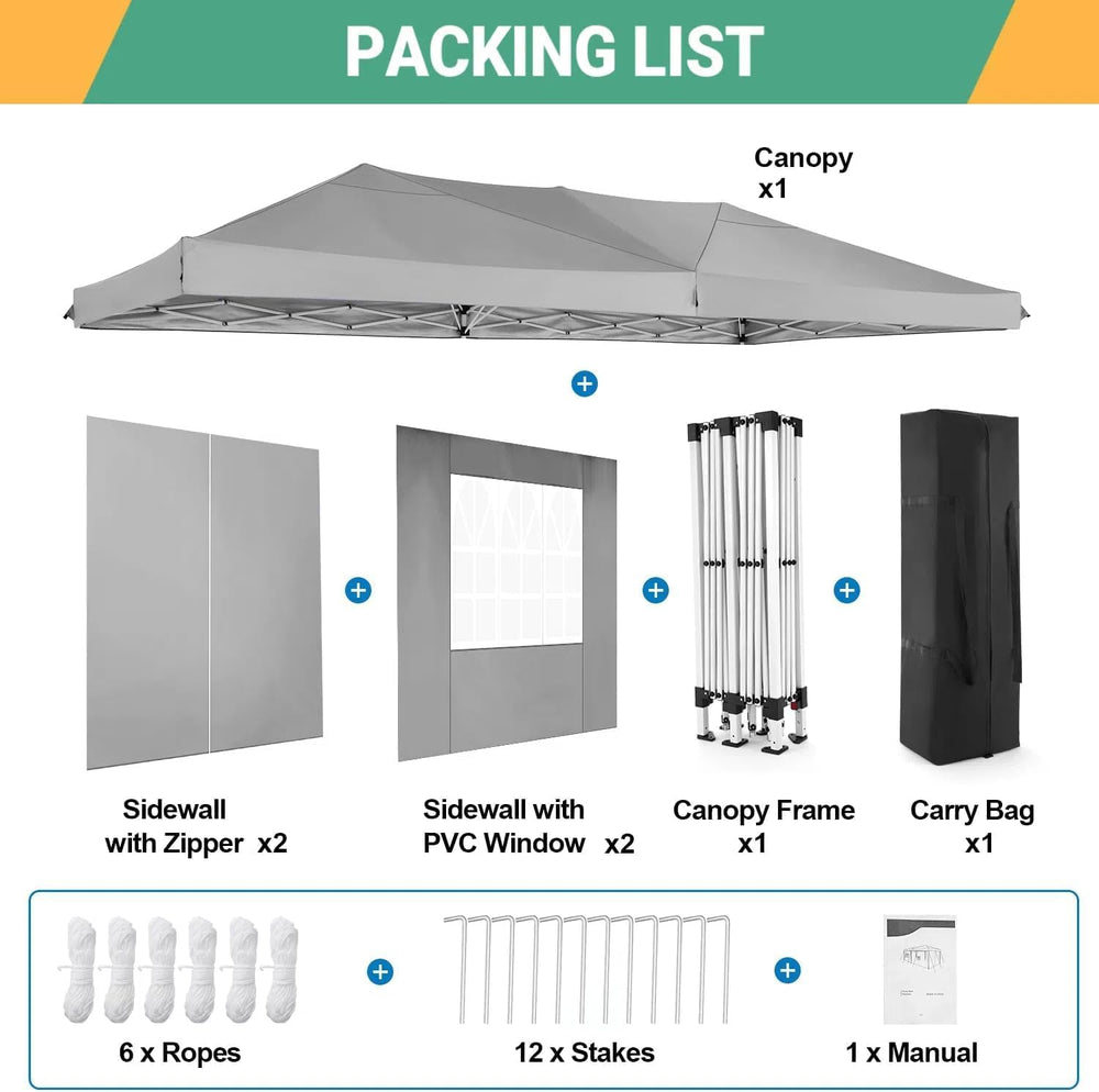 COBIZI 10x20 Pop Up Canopy with 6 Sidewalls, One Push Easy Setup, Gray