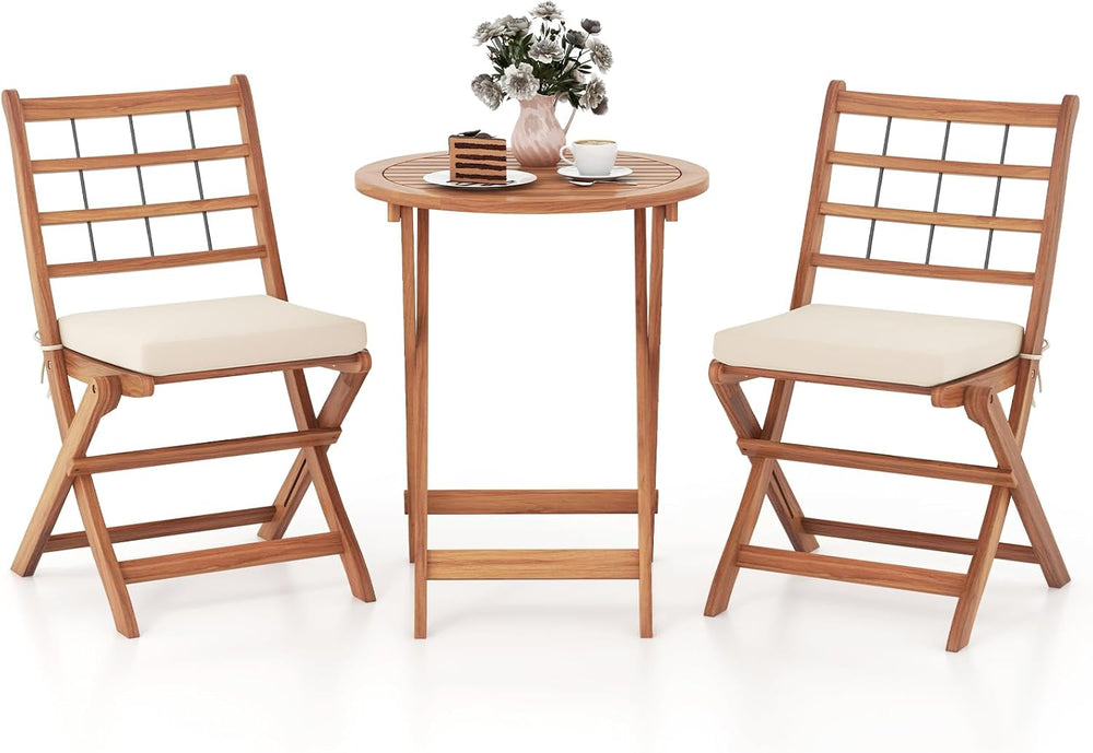HAPPYGRILL 3 Pieces Acacia Wood Patio Bistro Set, Folding Outdoor Table and C...