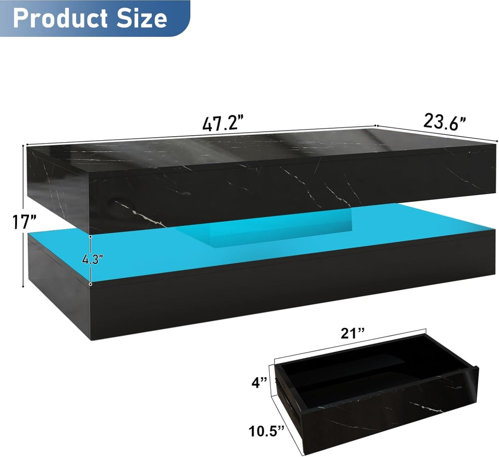 HOMFAMILIA LED Coffee Table with 2 Storage Drawers, Modern High Gloss Black C...