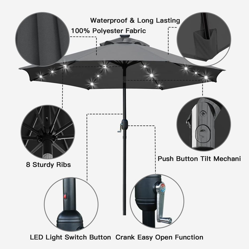 Sunnyglade 9' Solar LED Patio Umbrella, 8 Ribs, Tilt & Crank (Grey)