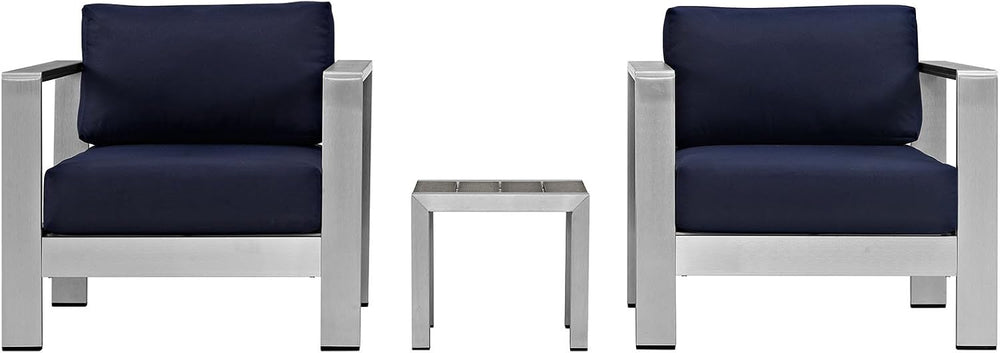 Lexmod Modway Shore 3-Piece Aluminum Outdoor Patio Furniture Set in Silver Navy