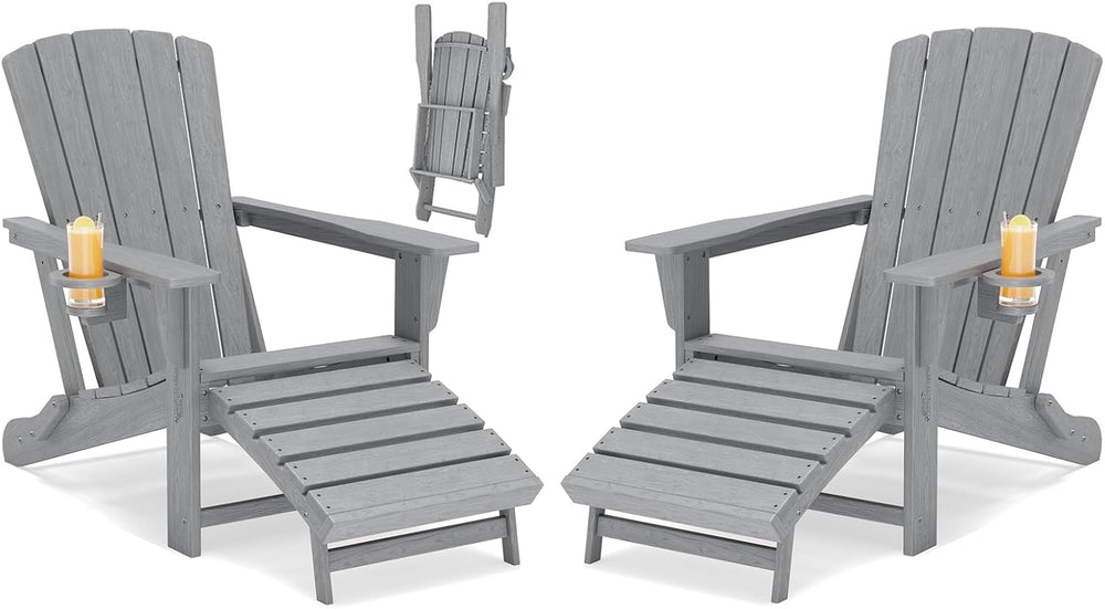 Folding Adirondack Chair with Retractable Ottoman Set of 2,HDPE Outdoor Adiro...
