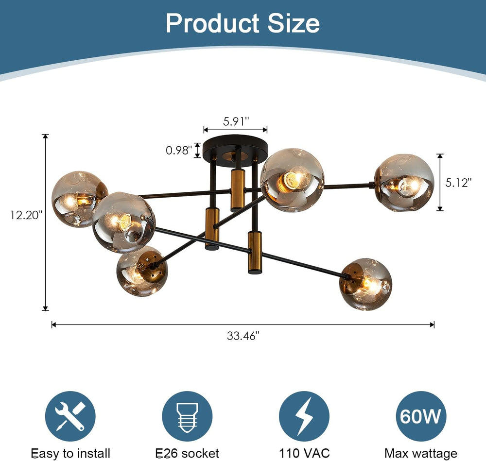 6-Light Sputnik Ceiling Light Fixture Mid Century Black and Gold Chandelier