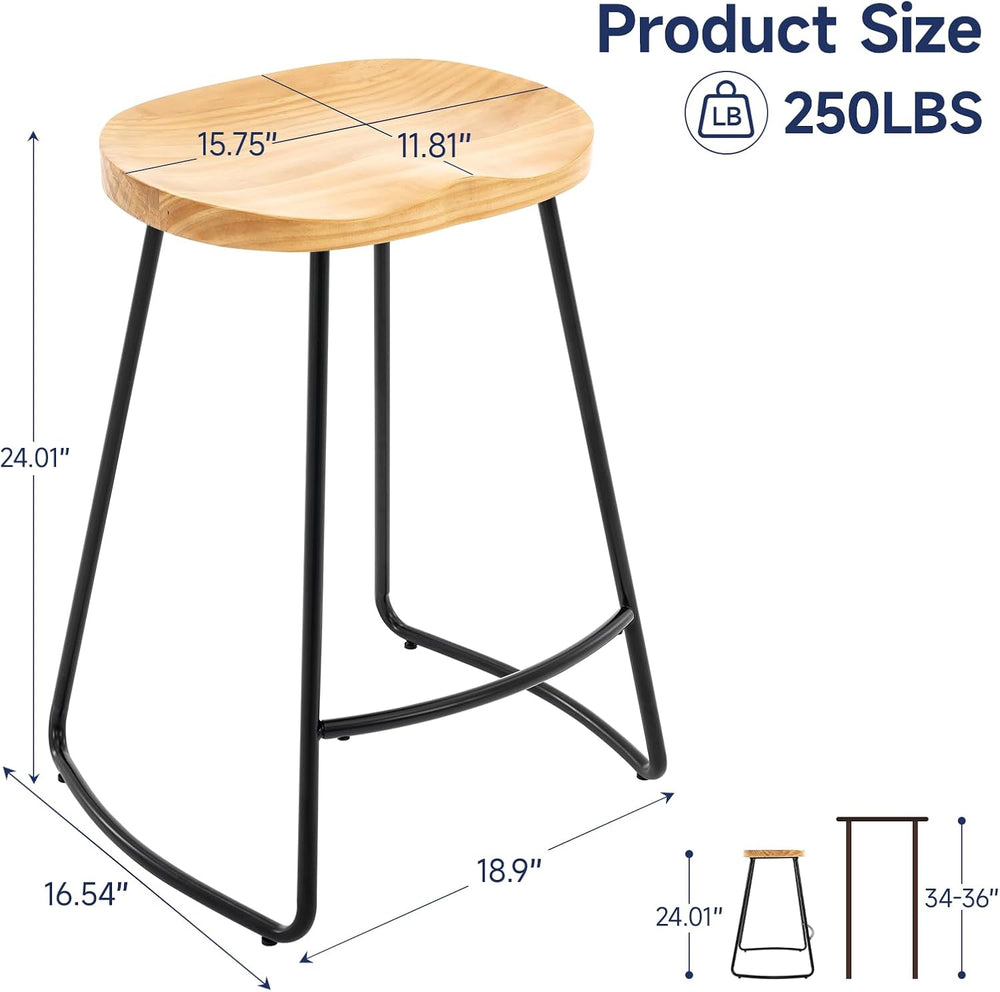 Bar Stools Set of 2, 24'' Counter Height Rustic Wooden Saddle Seat Na...