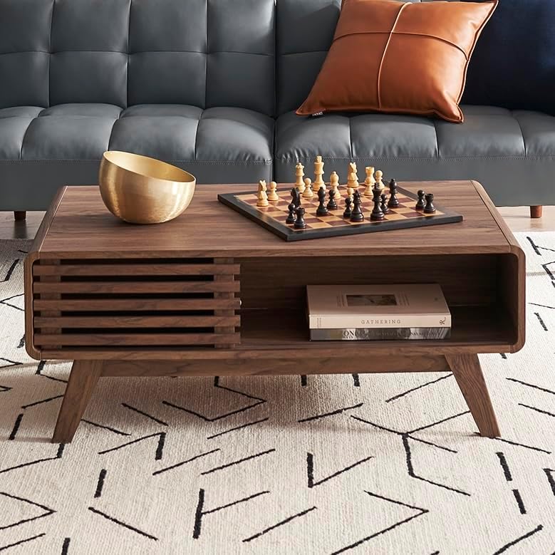 mopio Ensley Dual-Side Storage Coffee Table – Mid Century Modern Fluted Wood ...