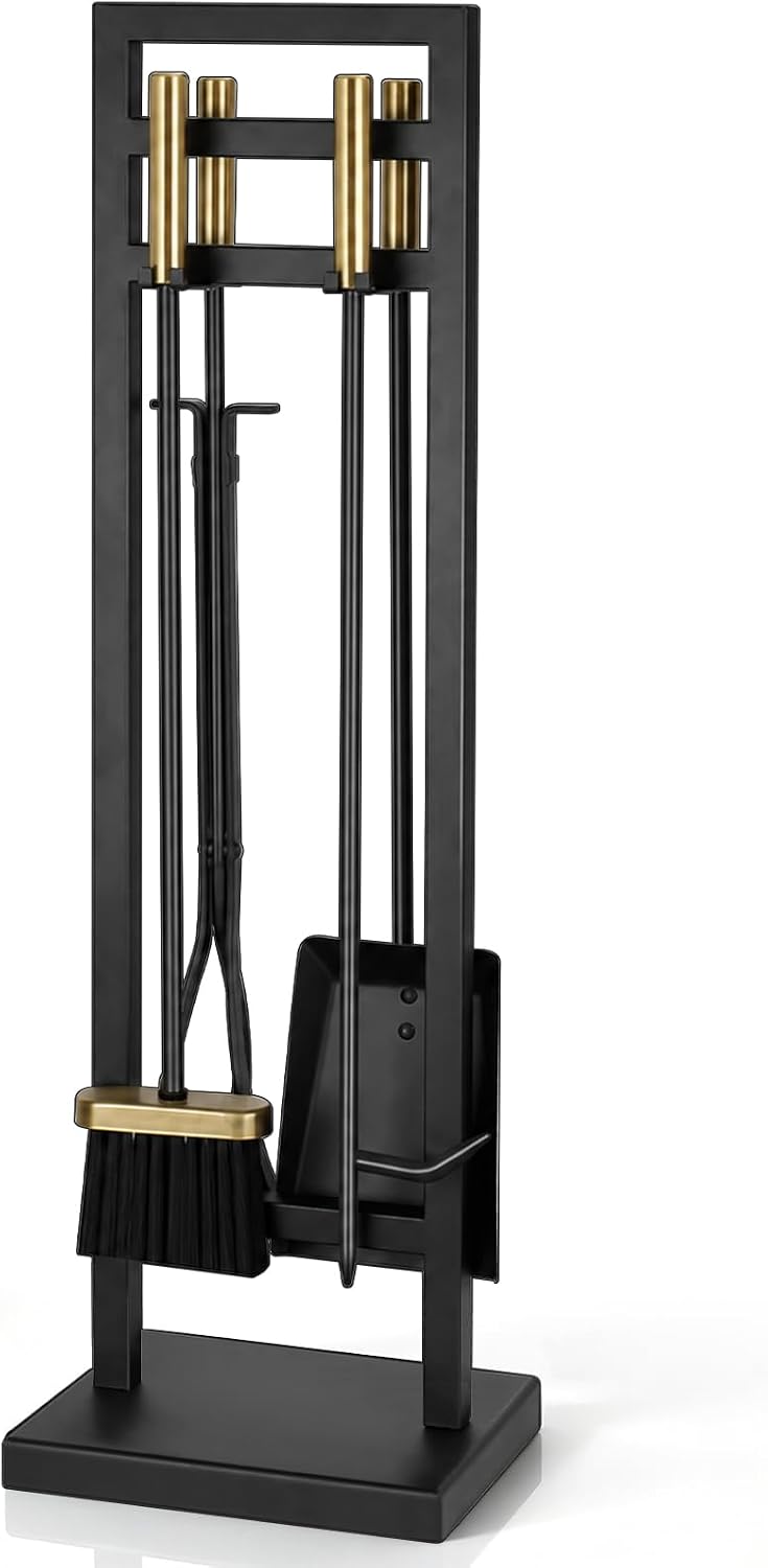 FEED GARDEN 5-Piece Fireplace Tool Set, 30" One-Piece Stand, Antique Brass