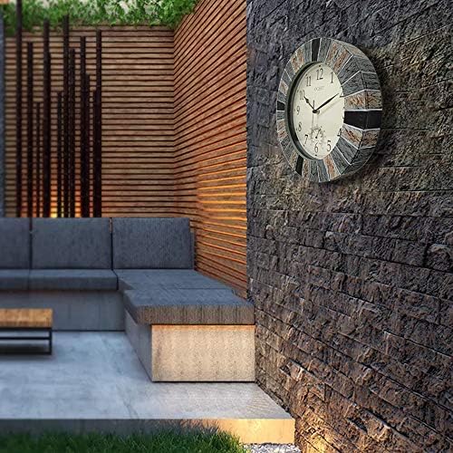 OCEST 13 Inch Waterproof Indoor Outdoor Wall Clock with Thermometer, Brown