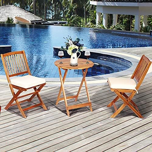 FANTASK 3 Pieces Folding Acacia Wood Bistro Set, Patio Furniture Set with Cus...