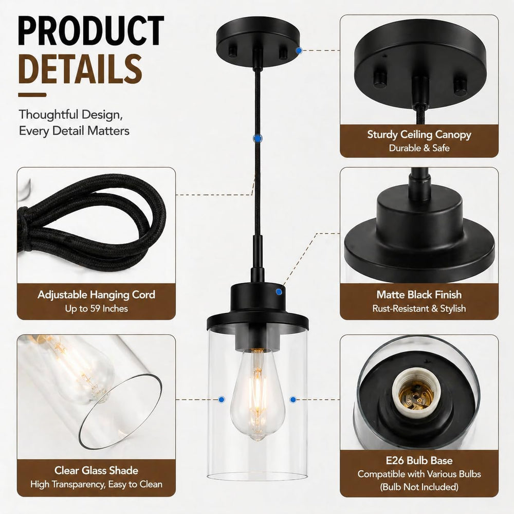 Black Farmhouse Pendant Light, Clear Glass Cylinder Hanging Fixture