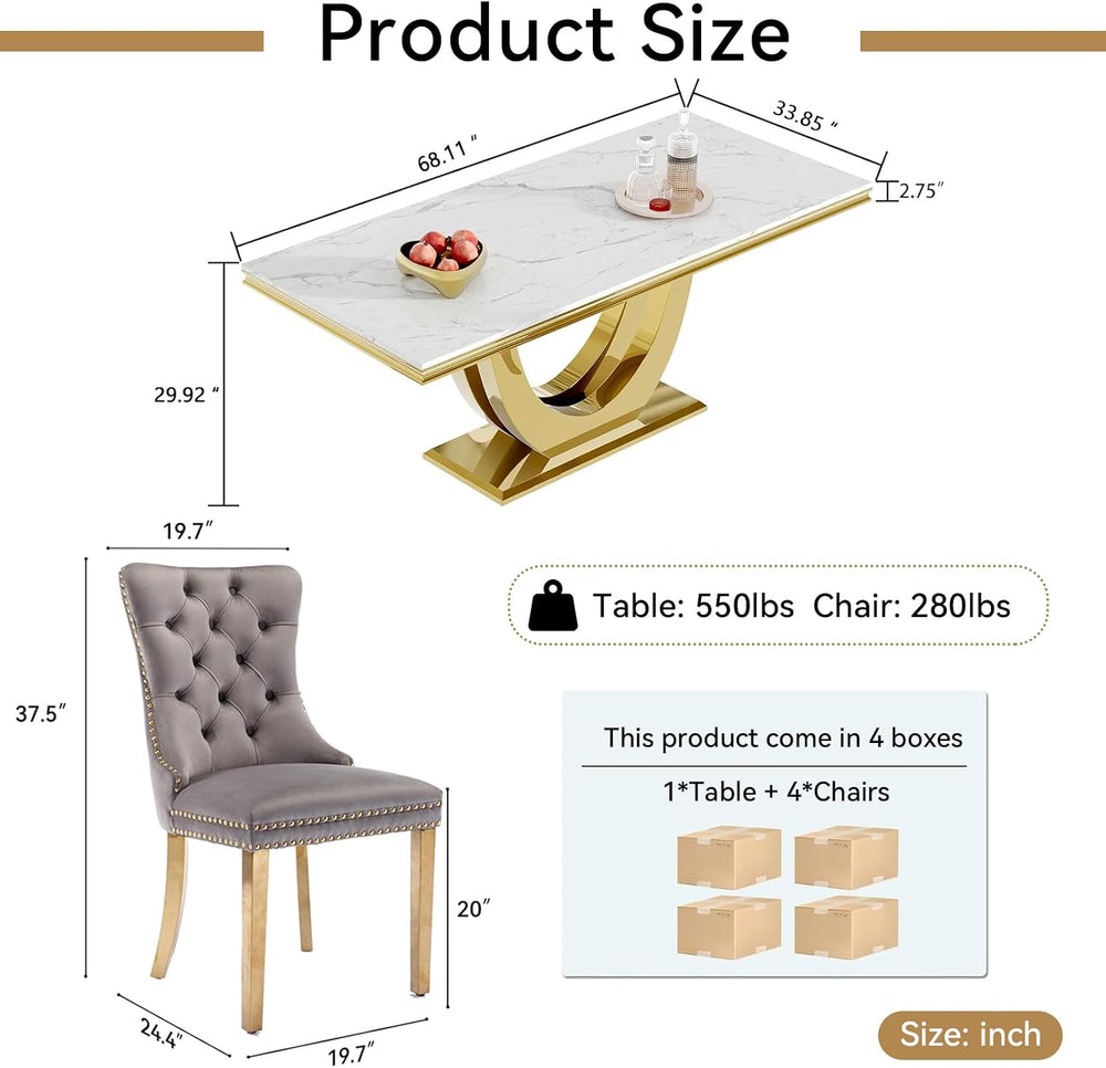 68" Marble Dining Table Set for 4, Luxury White Gold Kitchen Table with ...