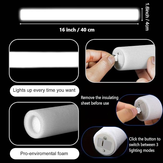 Glow Foam Sticks Bulk, 24 Pcs White Giant LED Light Up Sticks 3 Modes Flashin...
