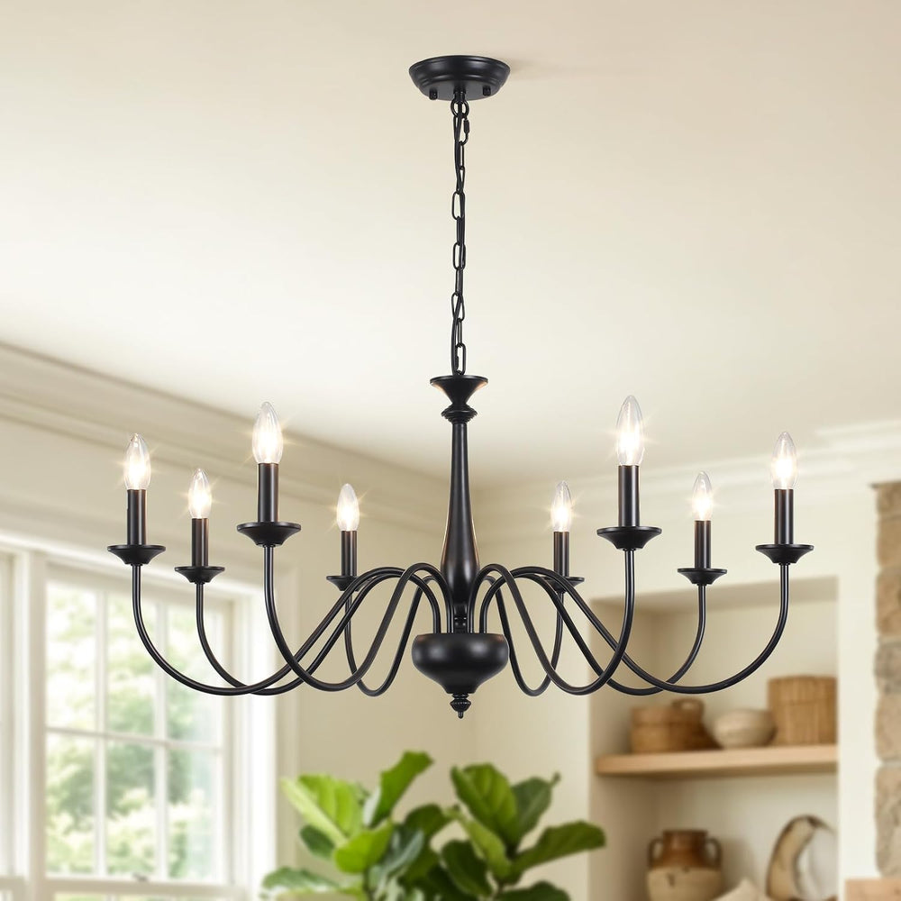 35" Farmhouse Chandelier, 8-Light Matte Black Classic Iron Candle Pendan...