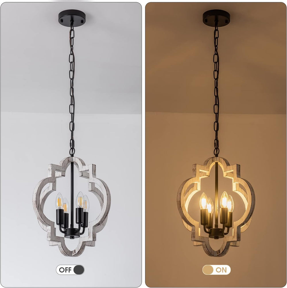 4-Light 15" Farmhouse Orb Chandelier Rustic Handmade Distressed White Wo...