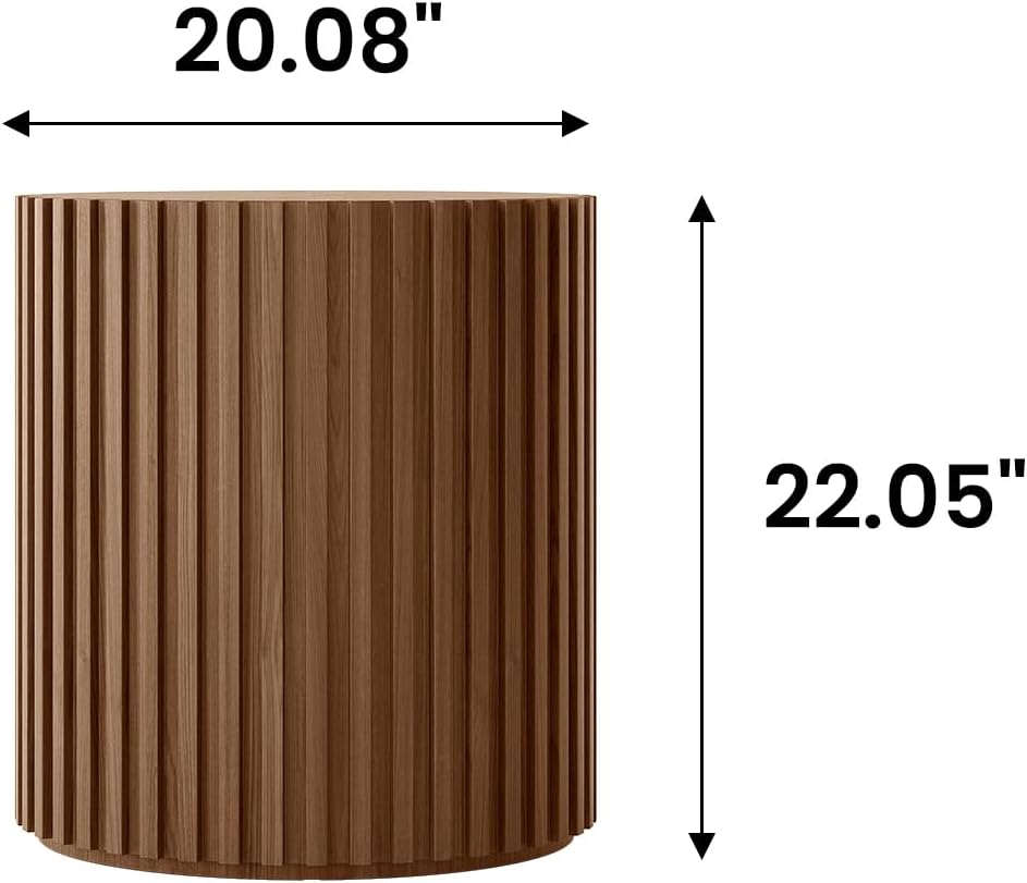 POVISON Round Coffee Side Table, Mid Century Wood End Table, Fluted Side Tabl...