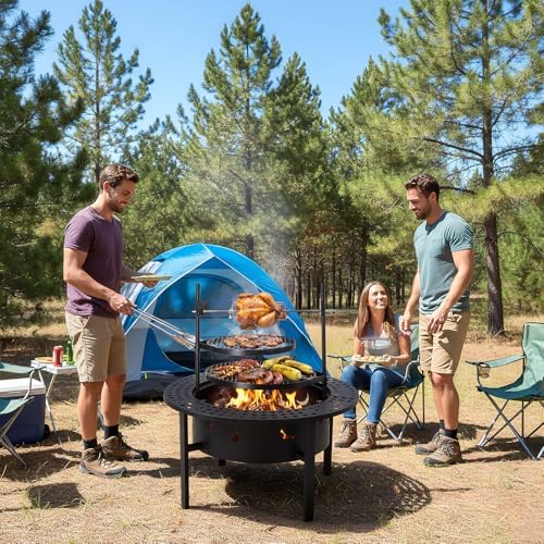 ROVSUN Upgrated 33'' Outdoor Fire Pit with 2 Grills, Grill with Side ...