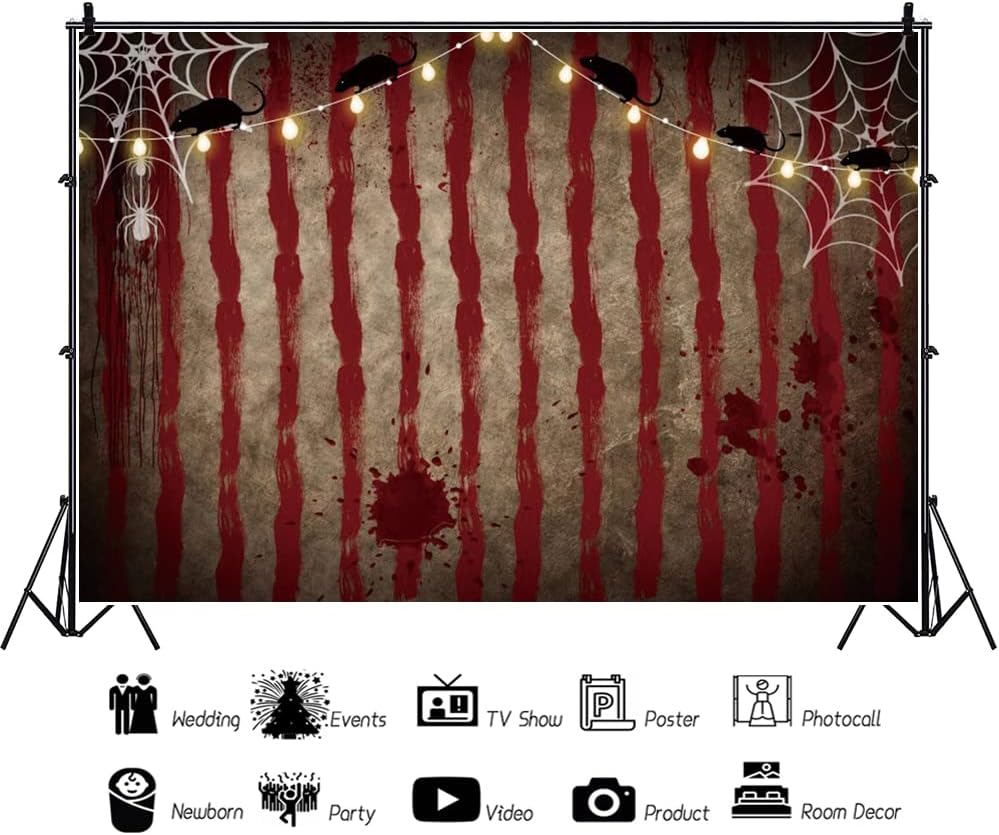 10x7ft Halloween Circus Backdrop Horror Scary Bloody Circus Tent Rat Spider Web Photography Background Red and White Stripes Carnival Halloween Party Banner Decoration Photo Booth Props